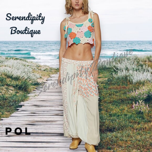 POL Granny Crochet Patch Tie Shoulder Pastels & Pearls Soft Floral Crop Top - Picture 4 of 8